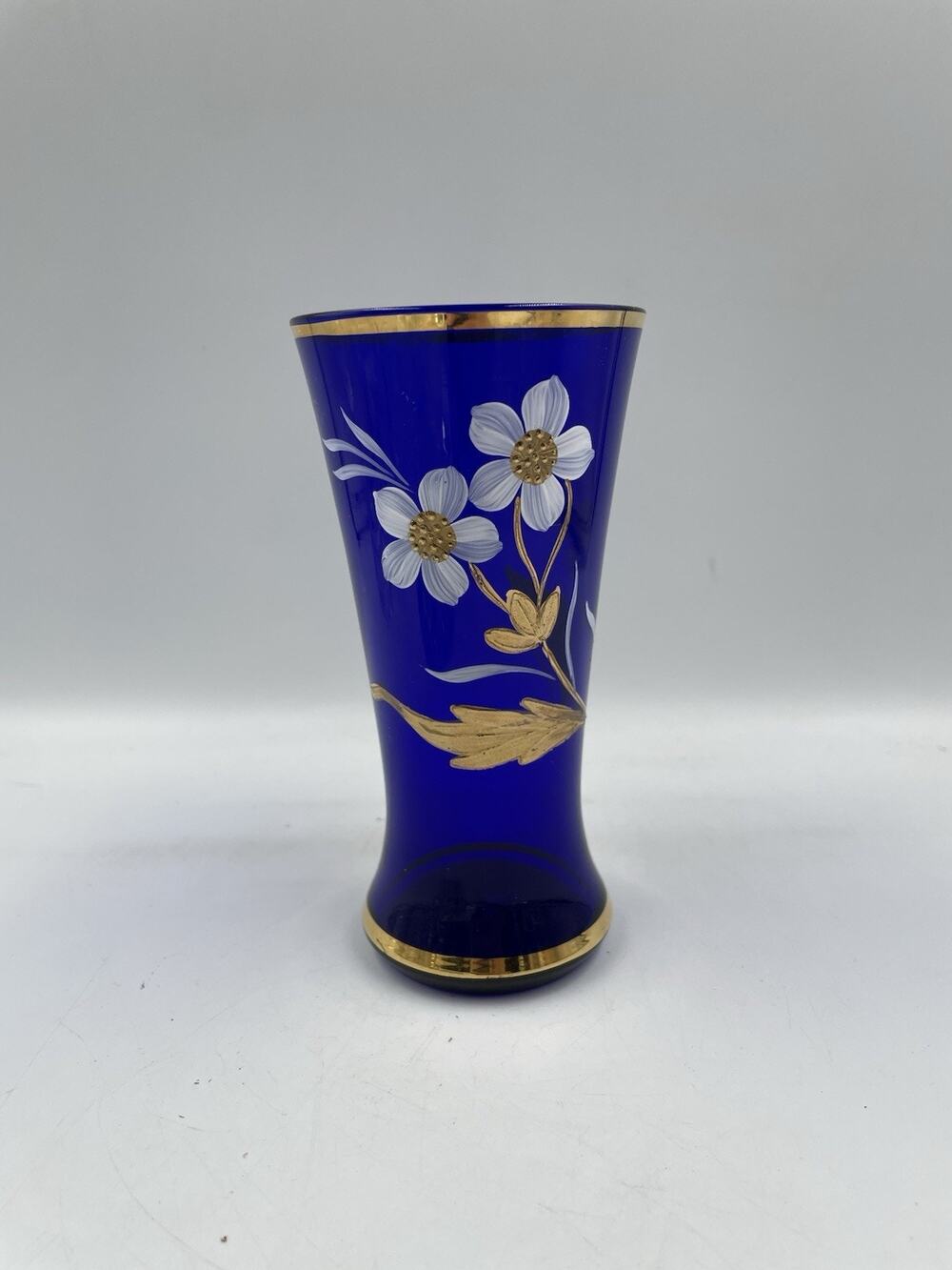 Vintage Bohemian Czech 24K Gold Applied Hand Painted Enamel Cobalt Blue Vase